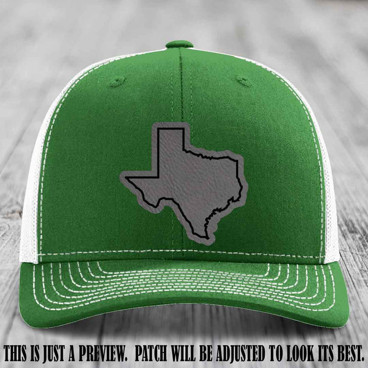 Texas Borderline Sass Grey to Black Patch on Kelly to White Hat - Richardson 112 custom leather patch hat