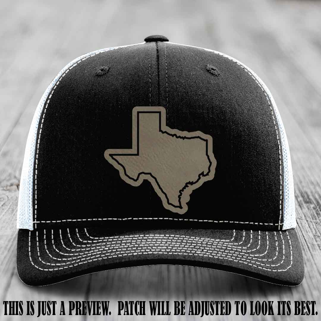 Texas Borderline Sass Light Brown to Black Patch on Black to White Hat - Richardson 112 custom leather patch hat