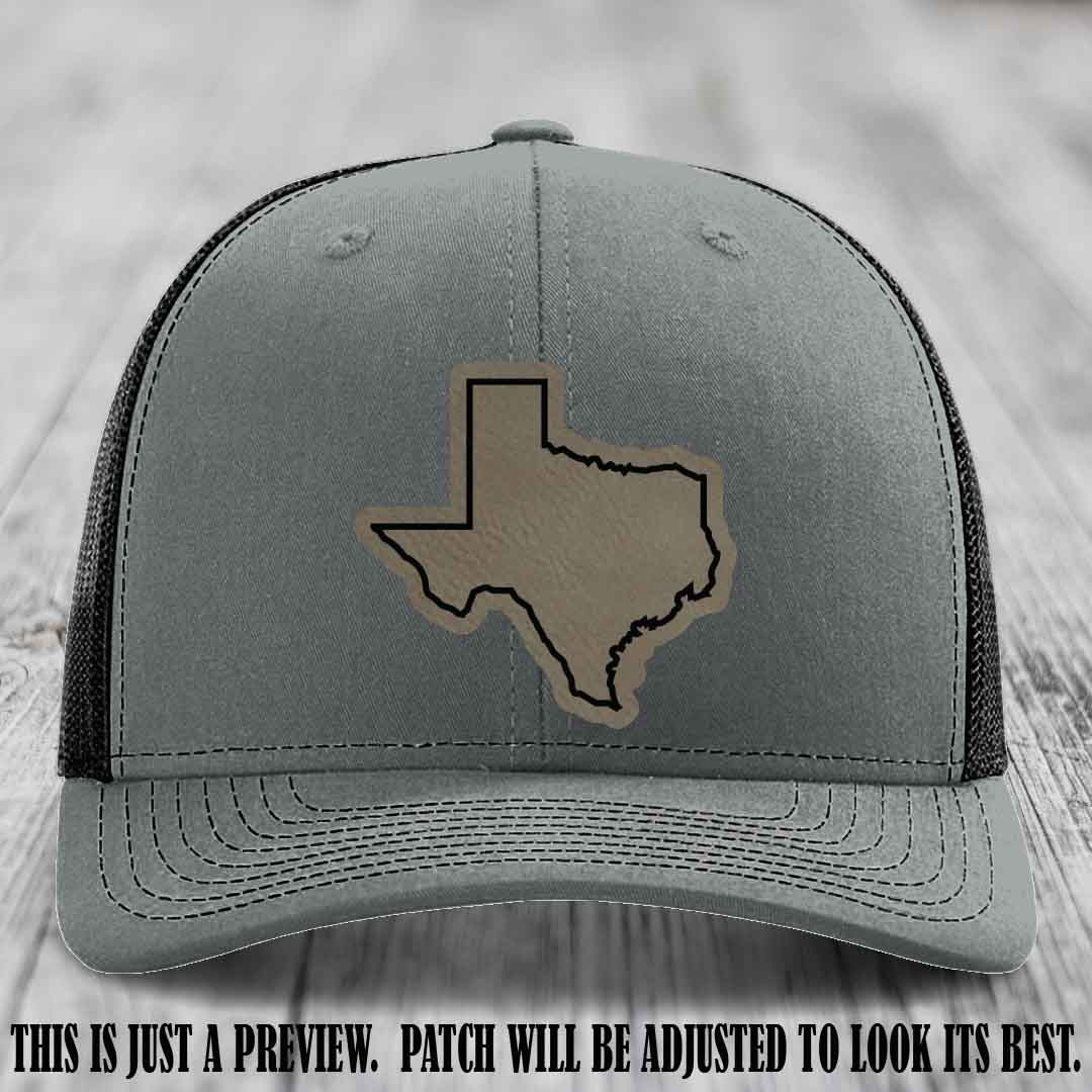 Texas Borderline Sass Light Brown to Black Patch on Heather Grey to Black Hat - Richardson 112 custom leather patch hat