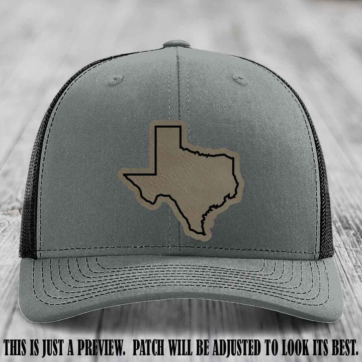 Texas Borderline Sass Light Brown to Black Patch on Heather Grey to Black Hat - Richardson 112 custom leather patch hat