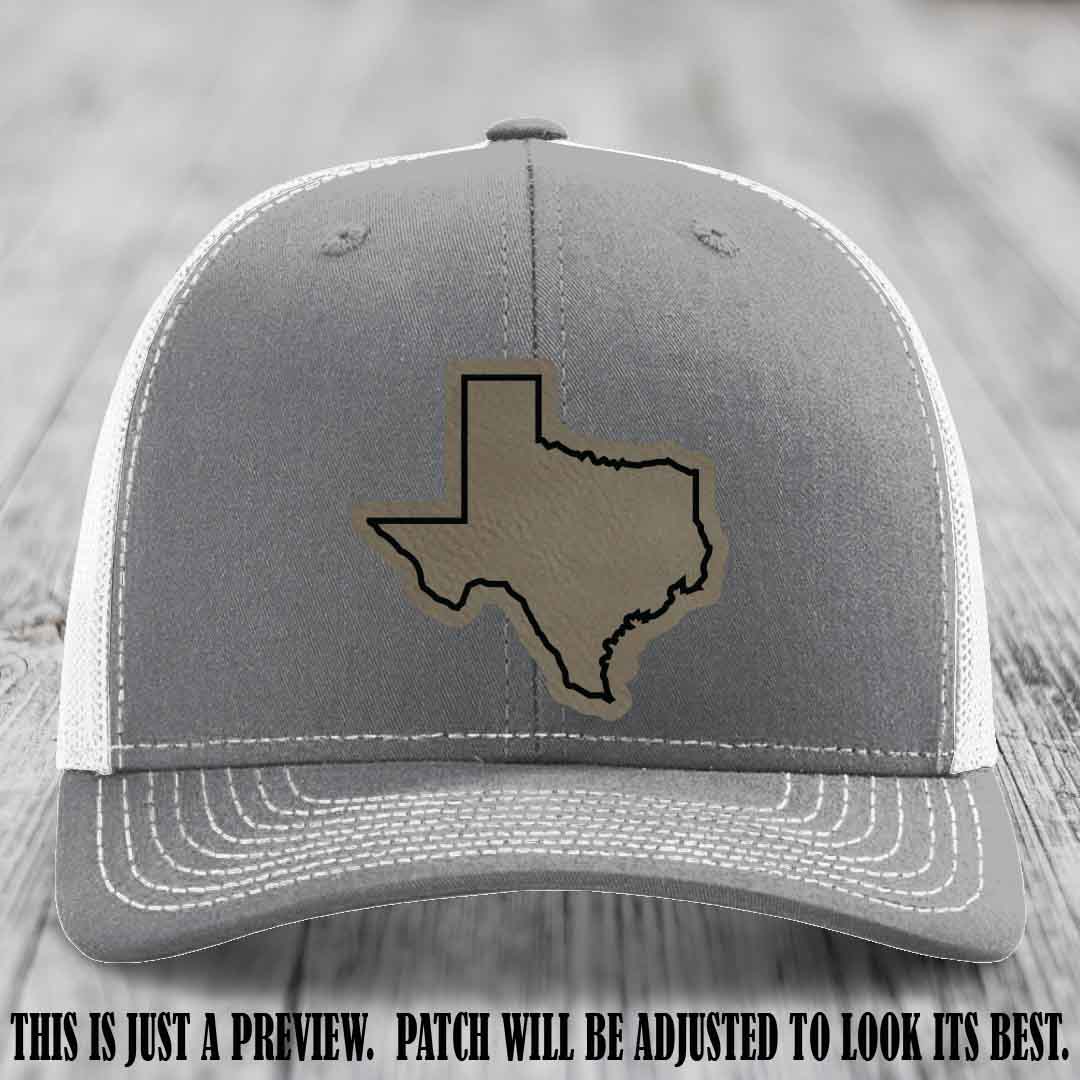 Texas Borderline Sass Light Brown to Black Patch on Heather Grey to White Hat - Richardson 112 custom leather patch hat