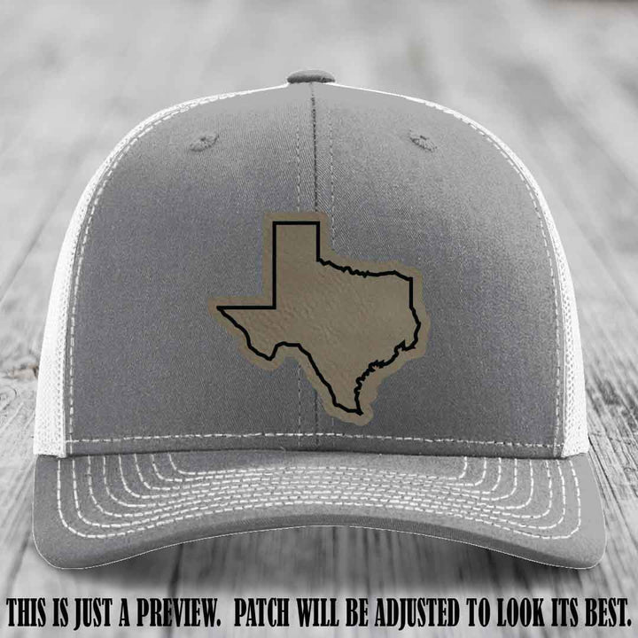 Texas Borderline Sass Light Brown to Black Patch on Heather Grey to White Hat - Richardson 112 custom leather patch hat