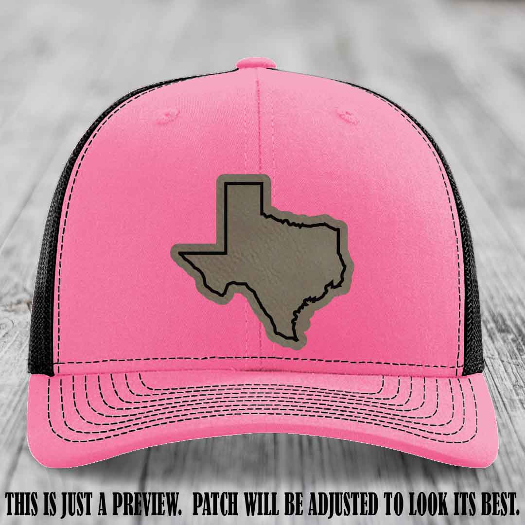 Texas Borderline Sass Light Brown to Black Patch on Hot Pink to Black Hat - Richardson 112 custom leather patch hat