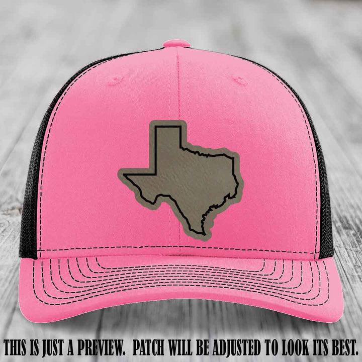 Texas Borderline Sass Light Brown to Black Patch on Hot Pink to Black Hat - Richardson 112 custom leather patch hat