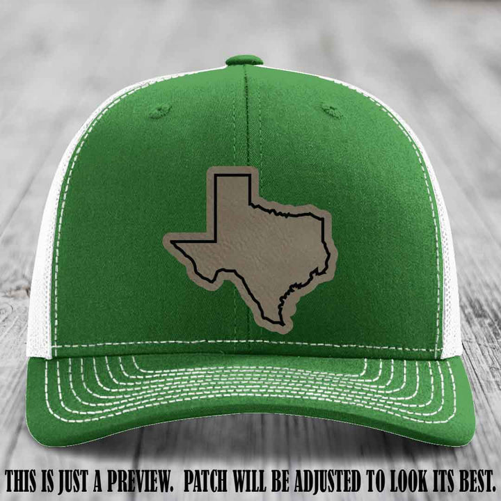 Texas Borderline Sass Light Brown to Black Patch on Kelly to White Hat - Richardson 112 custom leather patch hat