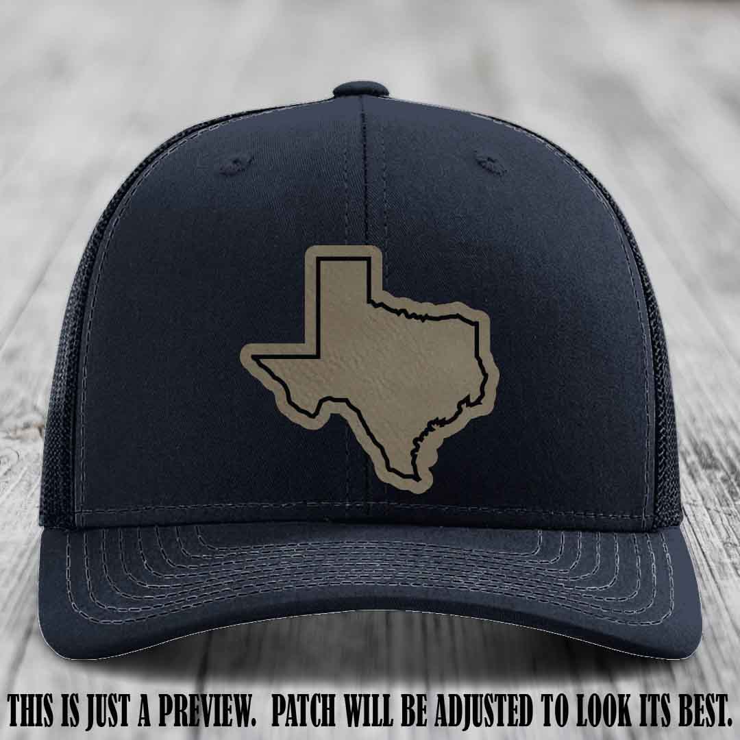 Texas Borderline Sass Light Brown to Black Patch on Navy Hat - Richardson 112 custom leather patch hat