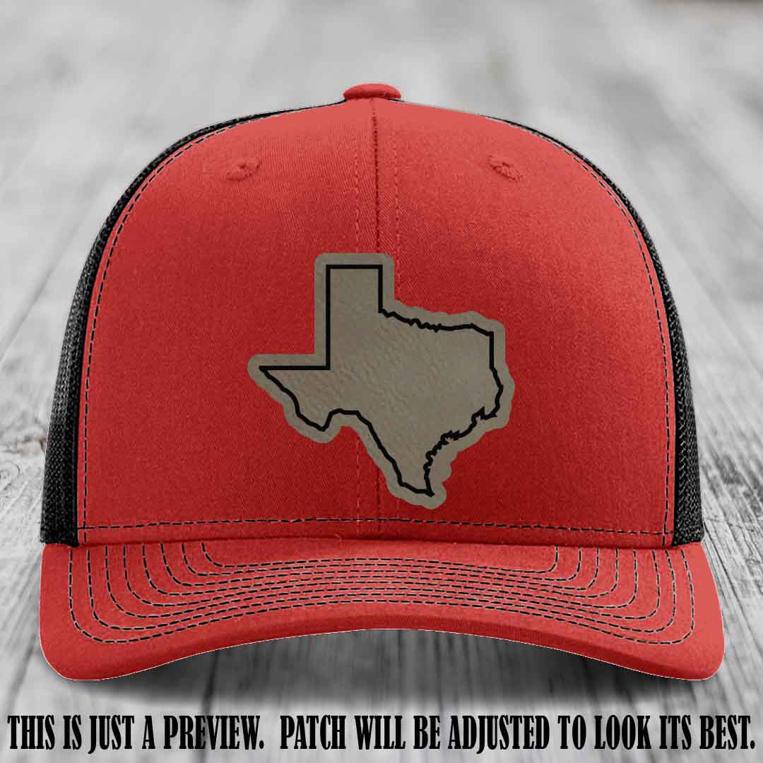 Texas Borderline Sass Light Brown to Black Patch on Red to Black Hat - Richardson 112 custom leather patch hat