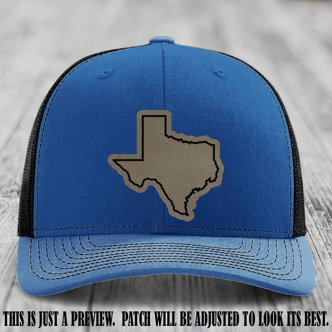 Texas Borderline Sass Light Brown to Black Patch on Royal to Black Hat - Richardson 112 custom leather patch hat