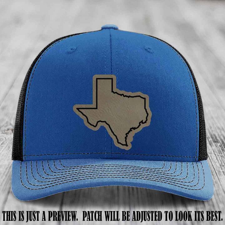 Texas Borderline Sass Light Brown to Black Patch on Royal to Black Hat - Richardson 112 custom leather patch hat