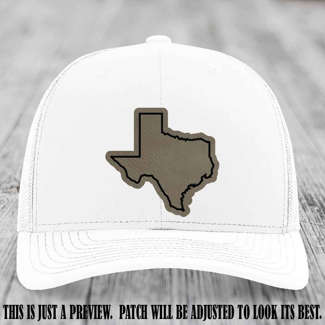 Texas Borderline Sass Light Brown to Black Patch on White Hat - Richardson 112 custom leather patch hat