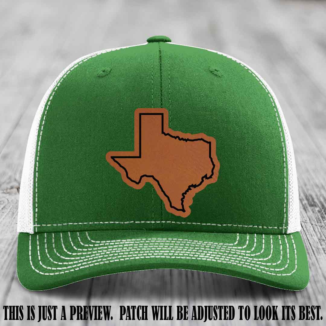 Texas Borderline Sass Rawhide to Black Patch on Kelly to White Hat - Richardson 112 custom leather patch hat