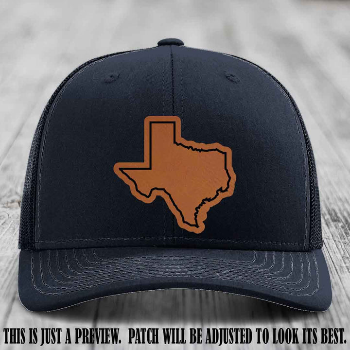 Texas Borderline Sass Rawhide to Black Patch on Navy Hat - Richardson 112 custom leather patch hat