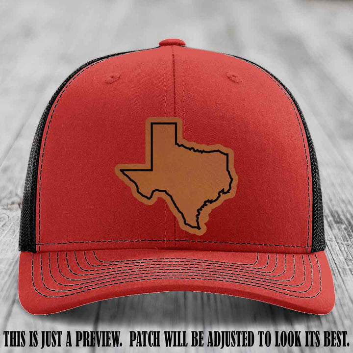 Texas Borderline Sass Rawhide to Black Patch on Red to Black Hat - Richardson 112 custom leather patch hat