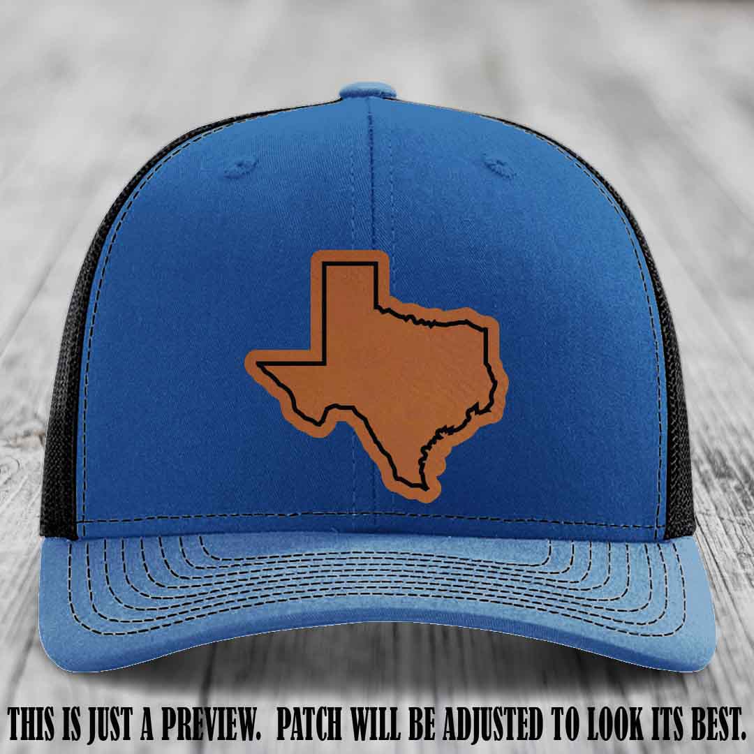 Texas Borderline Sass Rawhide to Black Patch on Royal to Black Hat - Richardson 112 custom leather patch hat