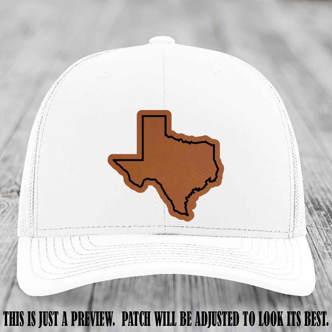 Texas Borderline Sass Rawhide to Black Patch on White Hat - Richardson 112 custom leather patch hat