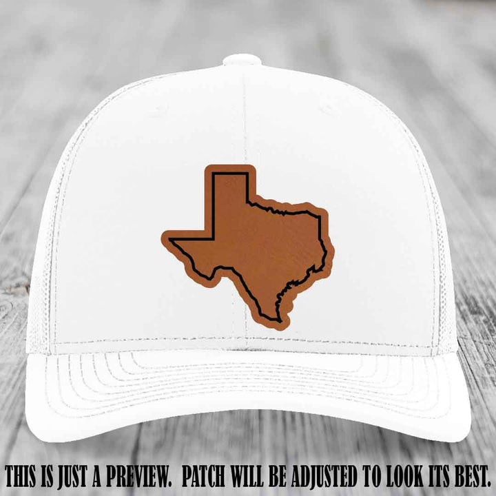 Texas Borderline Sass Rawhide to Black Patch on White Hat - Richardson 112 custom leather patch hat