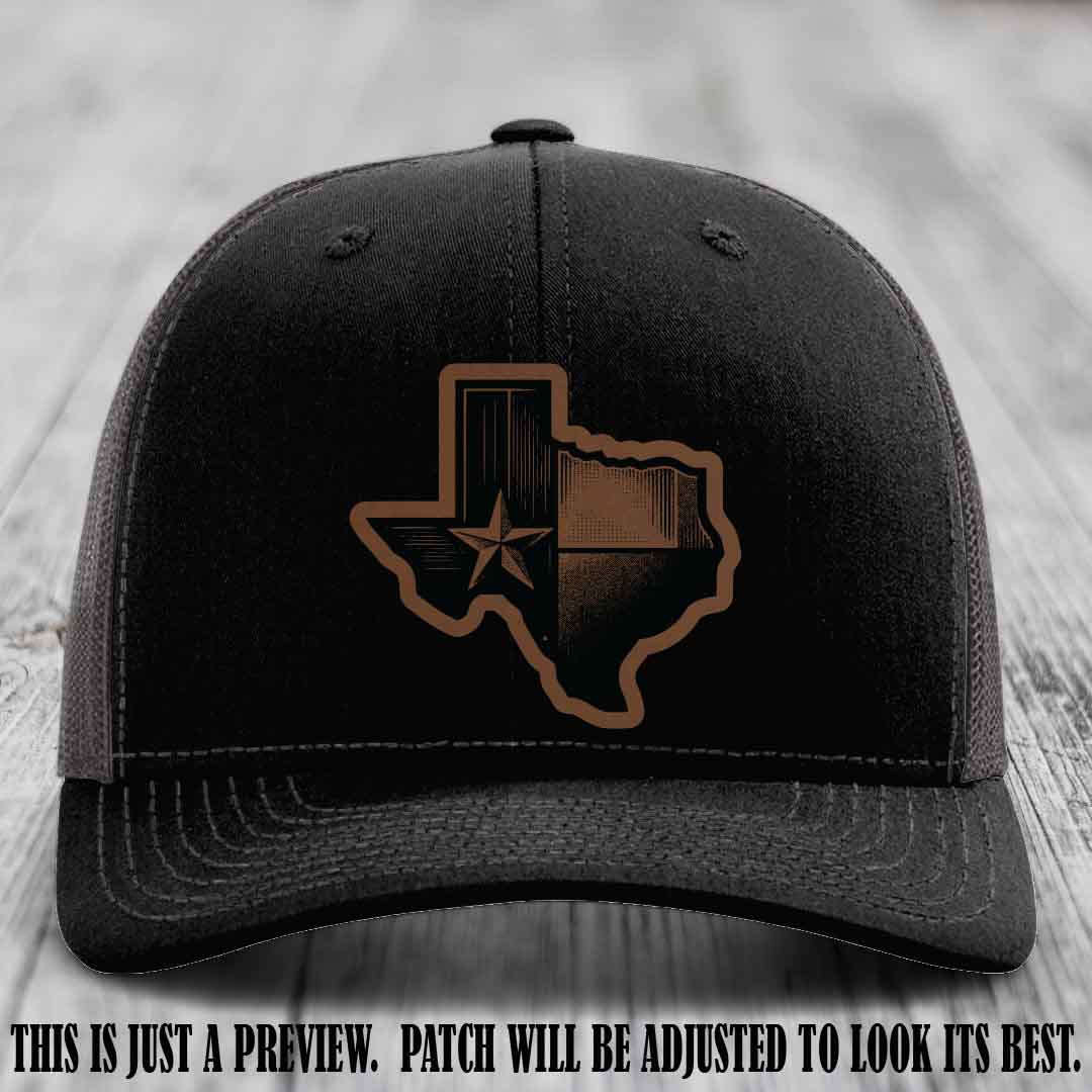 Lone Star Swagger Dark Brown to Black Patch on Black to Charcoal Hat - Custom Richardson 112 Leather Patch Hat