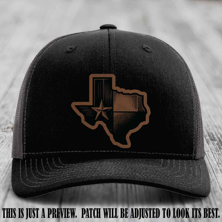 Lone Star Swagger Dark Brown to Black Patch on Black to Charcoal Hat - Custom Richardson 112 Leather Patch Hat