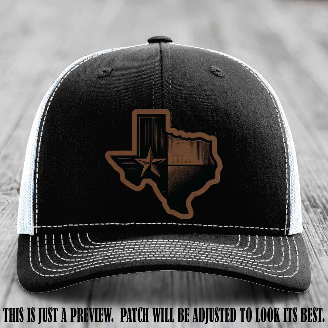 Lone Star Swagger Dark Brown to Black Patch on Black to White Hat - Custom Richardson 112 Leather Patch Hat