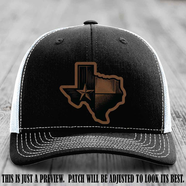 Lone Star Swagger Dark Brown to Black Patch on Black to White Hat - Custom Richardson 112 Leather Patch Hat