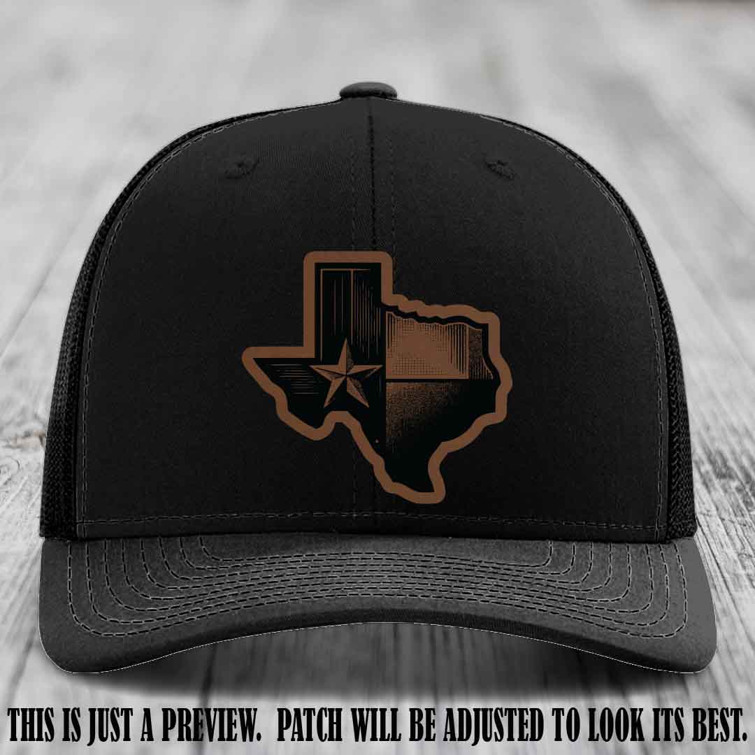 Lone Star Swagger Dark Brown to Black Patch on Black Hat - Custom Richardson 112 Leather Patch Hat