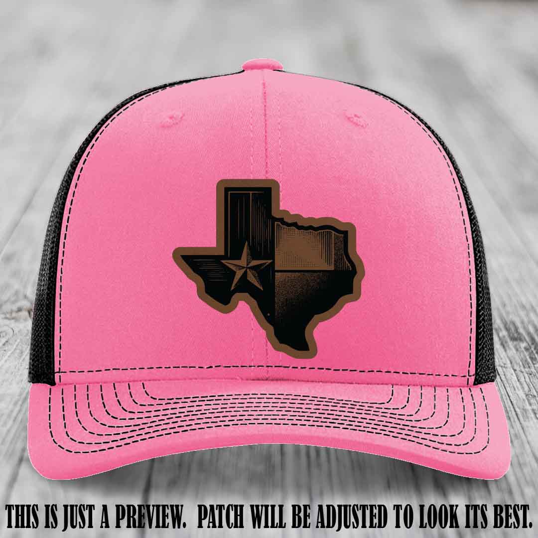 Lone Star Swagger Dark Brown to Black Patch on Hot Pink to Black Hat - Custom Richardson 112 Leather Patch Hat