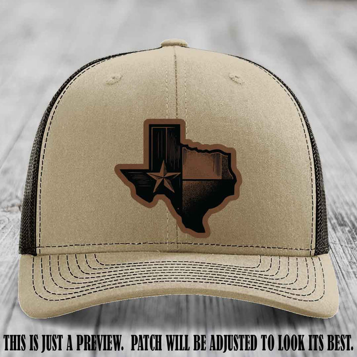 Lone Star Swagger Dark Brown to Black Patch on Khaki to Coffee Hat - Custom Richardson 112 Leather Patch Hat