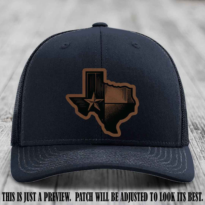 Lone Star Swagger Dark Brown to Black Patch on Navy Hat - Custom Richardson 112 Leather Patch Hat