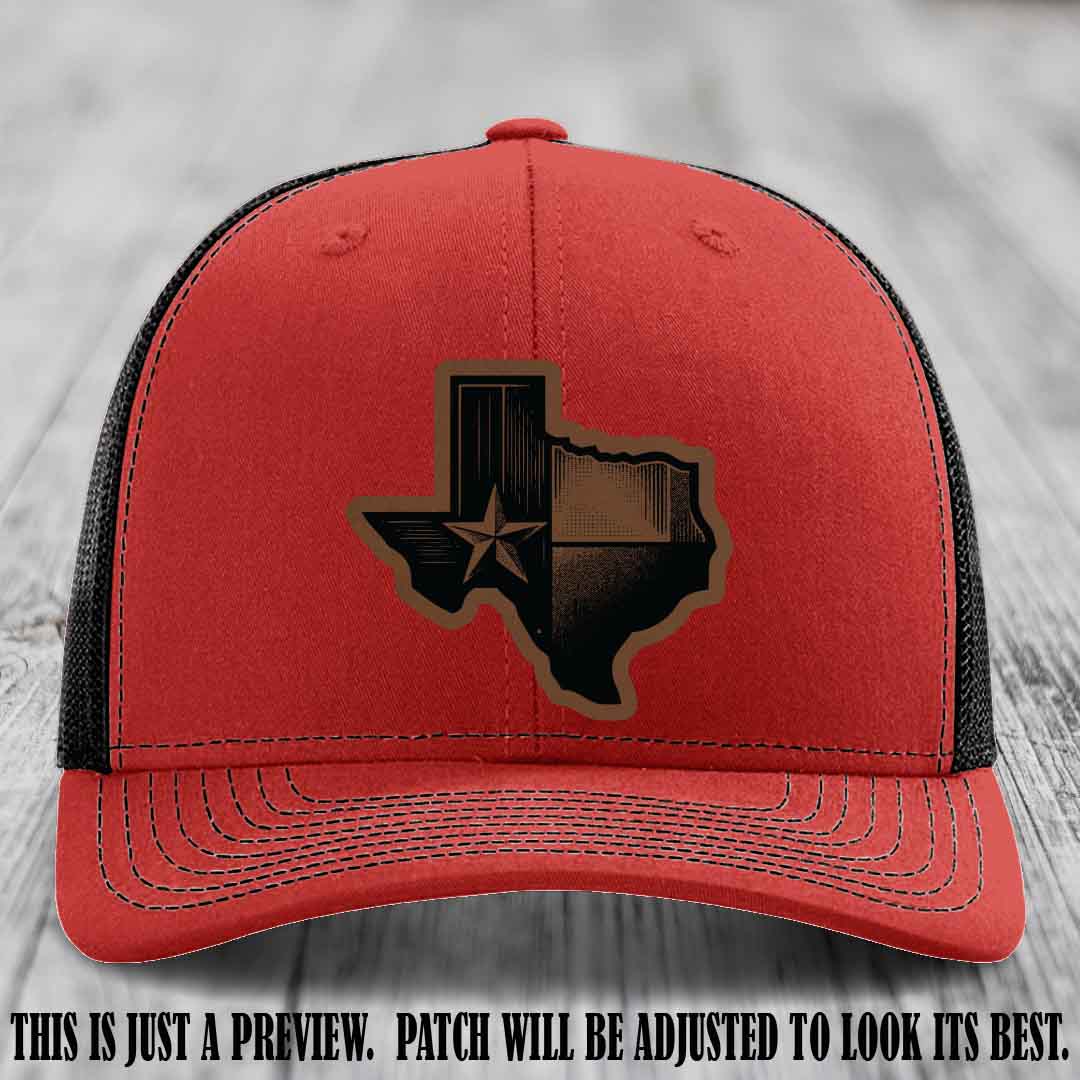 Lone Star Swagger Dark Brown to Black Patch on Red to Black Hat - Custom Richardson 112 Leather Patch Hat