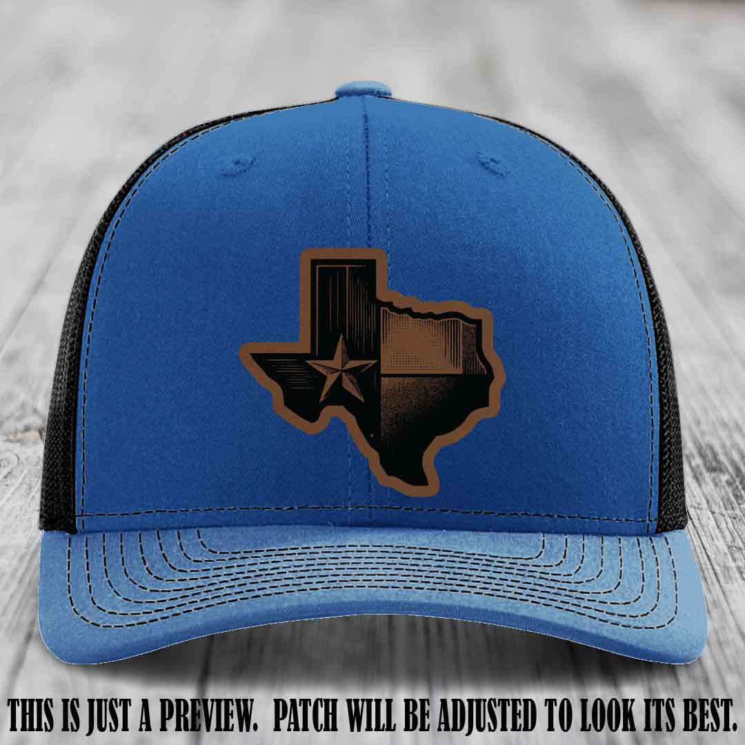Lone Star Swagger Dark Brown to Black Patch on Royal to Black Hat - Custom Richardson 112 Leather Patch Hat