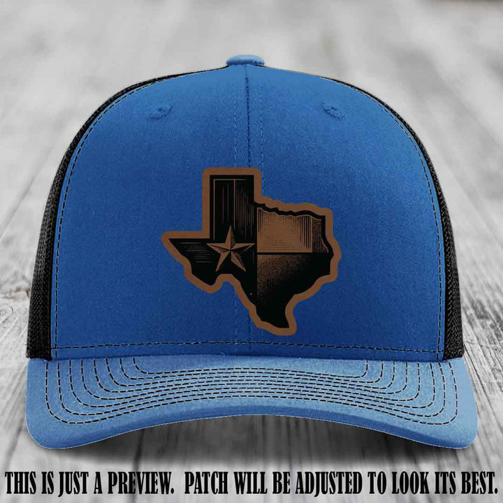 Lone Star Swagger Dark Brown to Black Patch on Royal to Black Hat - Custom Richardson 112 Leather Patch Hat