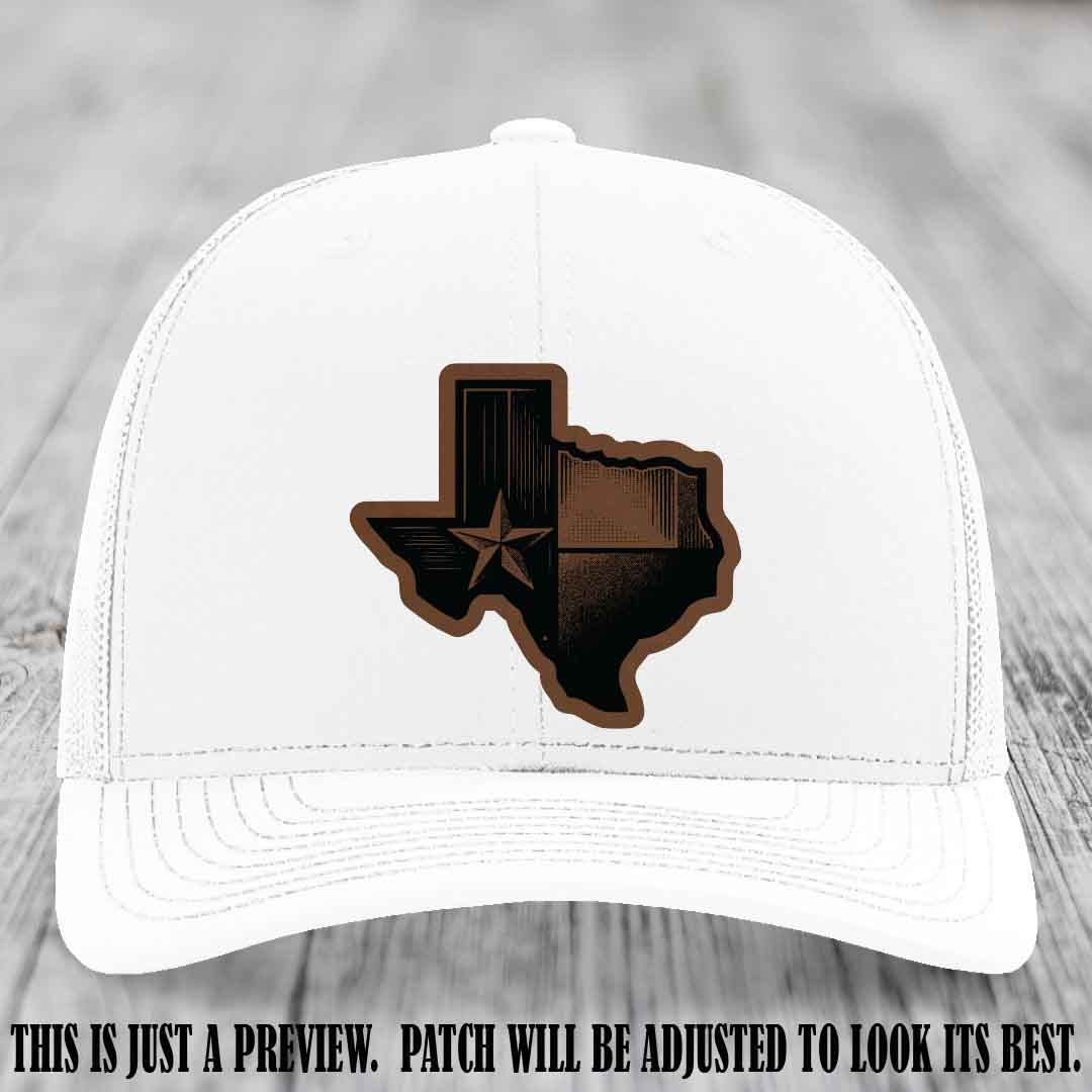 Lone Star Swagger Dark Brown to Black Patch on White Hat - Custom Richardson 112 Leather Patch Hat