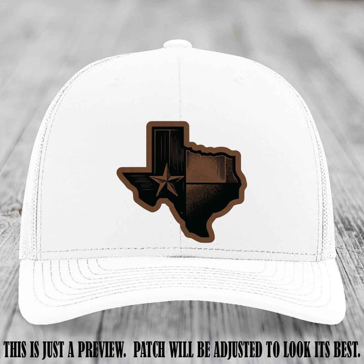 Lone Star Swagger Dark Brown to Black Patch on White Hat - Custom Richardson 112 Leather Patch Hat