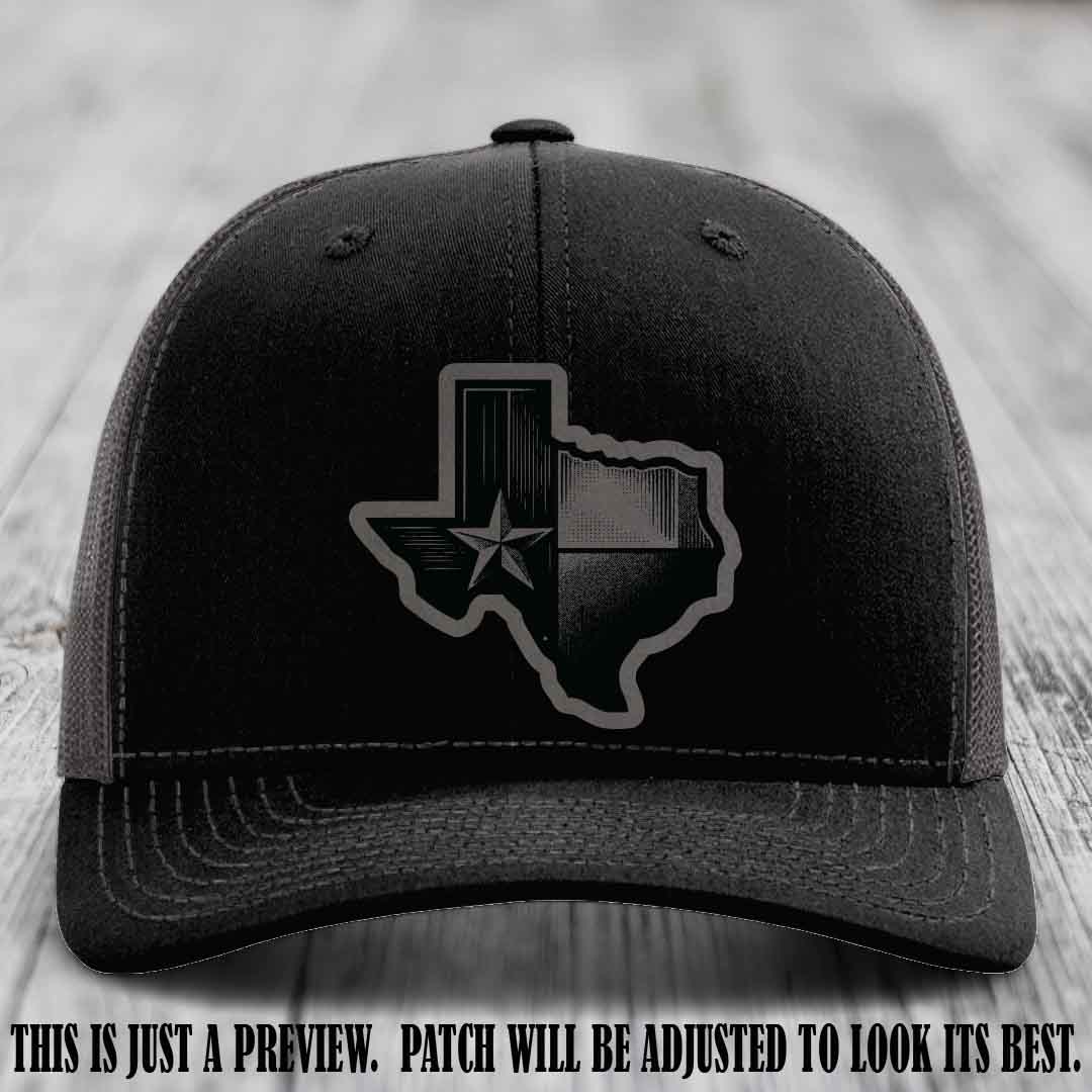Lone Star Swagger Grey to Black Patch on Black to Charcoal Hat - Custom Richardson 112 Leather Patch Hat