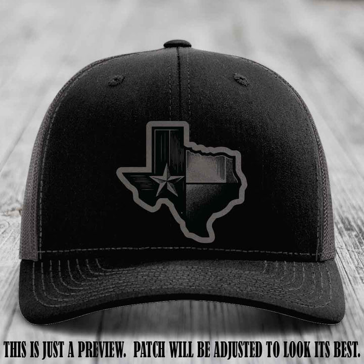 Lone Star Swagger Grey to Black Patch on Black to Charcoal Hat - Custom Richardson 112 Leather Patch Hat