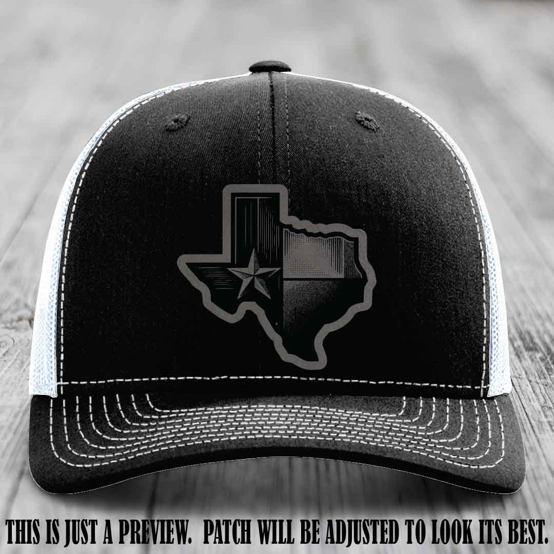Lone Star Swagger Grey to Black Patch on Black to White Hat - Custom Richardson 112 Leather Patch Hat