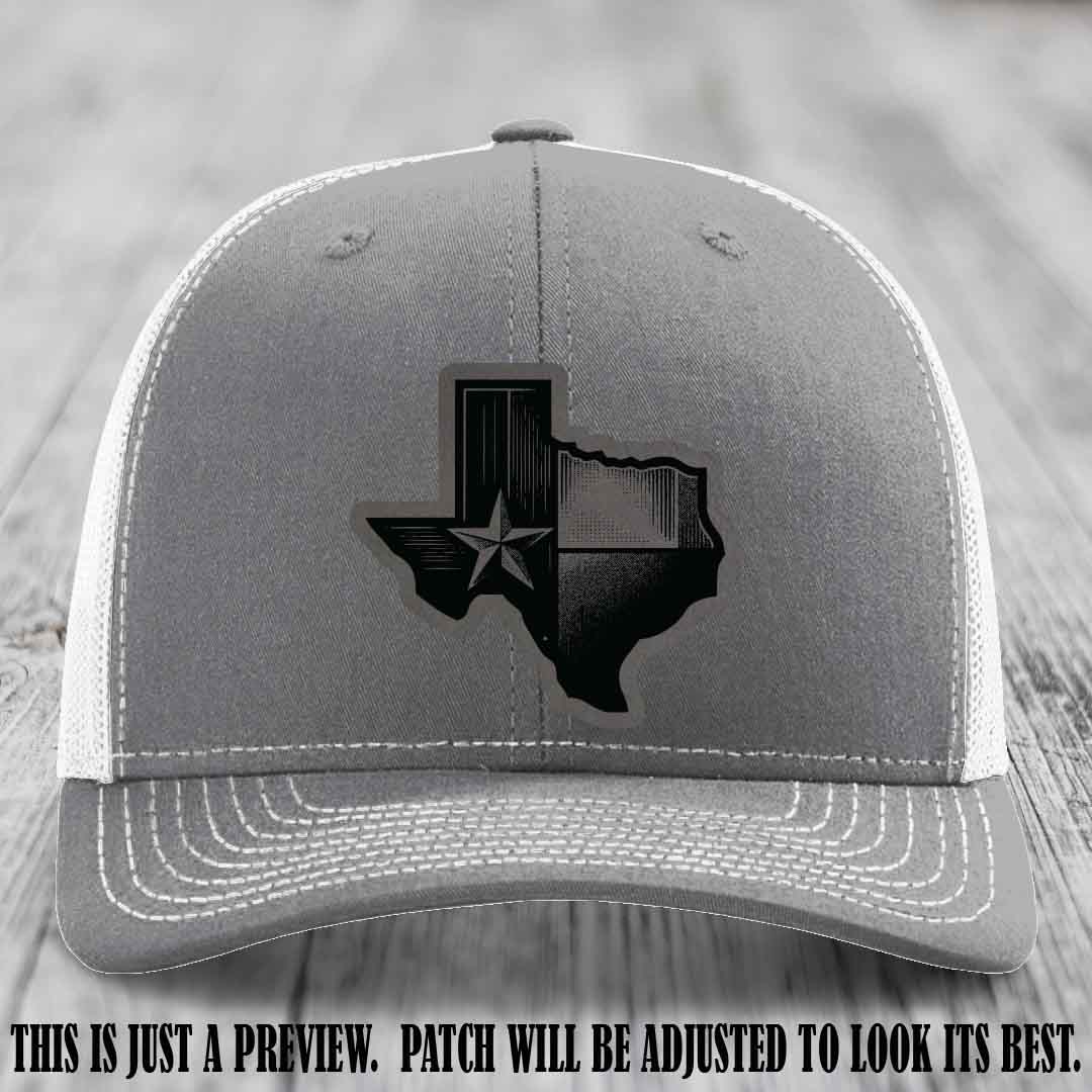 Lone Star Swagger Grey to Black Patch on Heather Grey to White Hat - Custom Richardson 112 Leather Patch Hat