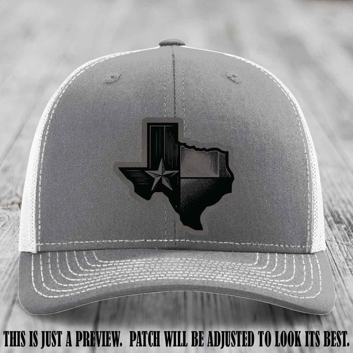 Lone Star Swagger Grey to Black Patch on Heather Grey to White Hat - Custom Richardson 112 Leather Patch Hat