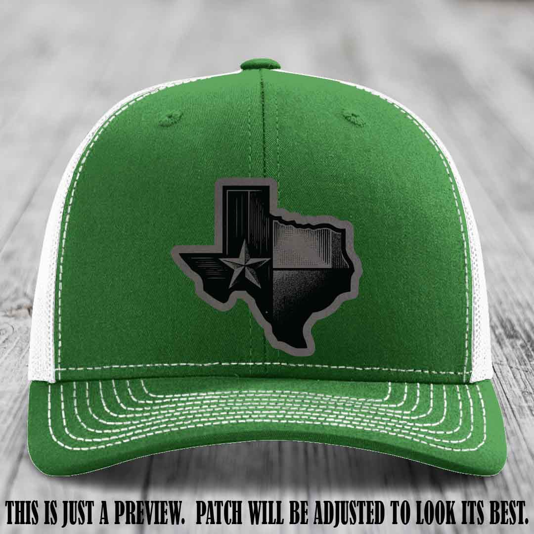 Lone Star Swagger Grey to Black Patch on Kelly to White Hat - Custom Richardson 112 Leather Patch Hat