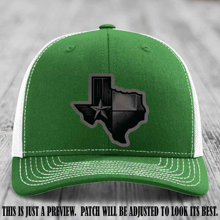 Lone Star Swagger Grey to Black Patch on Kelly to White Hat - Custom Richardson 112 Leather Patch Hat