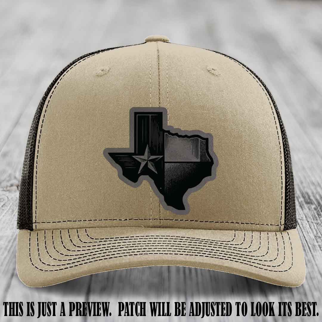 Lone Star Swagger Grey to Black Patch on Khaki to Coffee Hat - Custom Richardson 112 Leather Patch Hat
