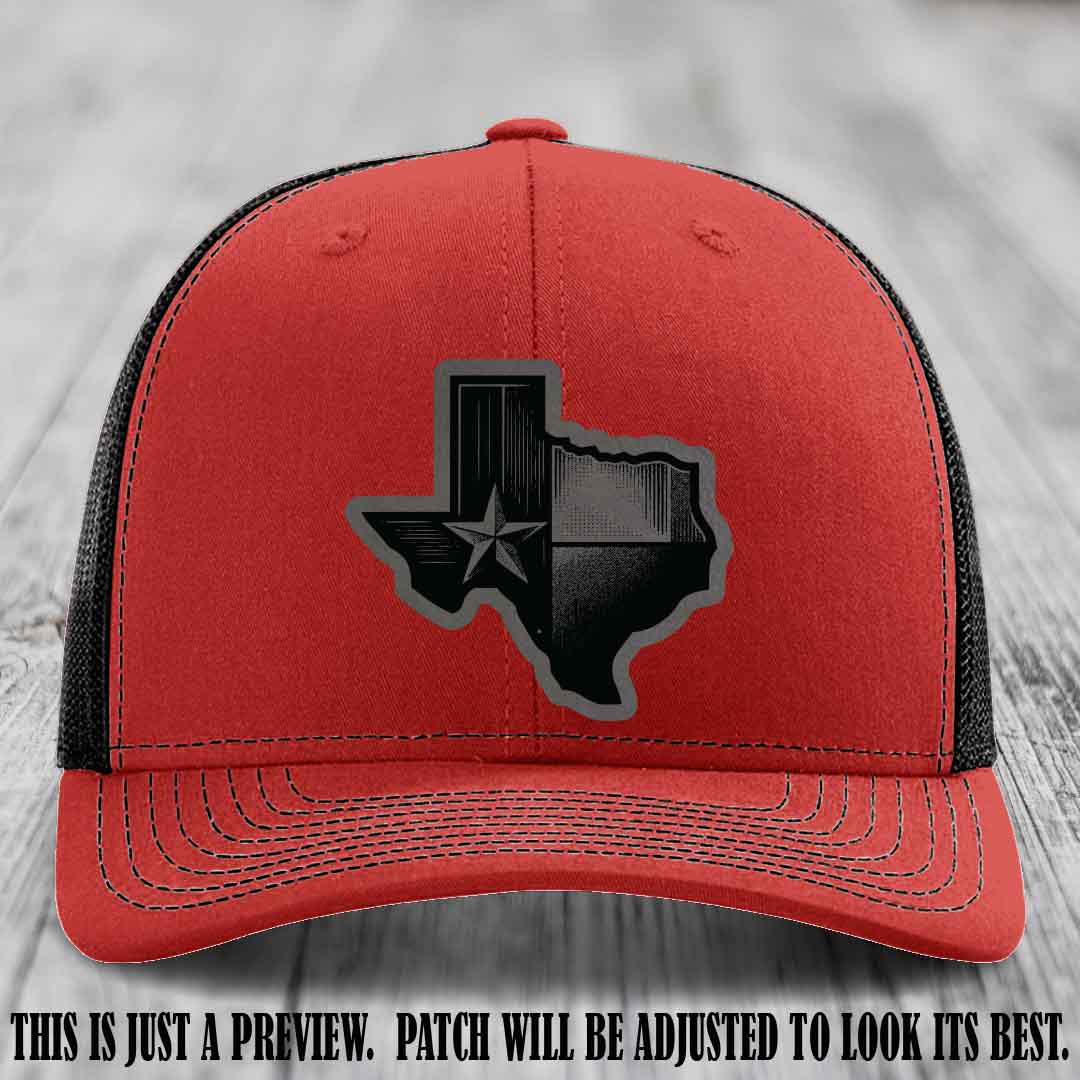 Lone Star Swagger Grey to Black Patch on Red to Black Hat - Custom Richardson 112 Leather Patch Hat