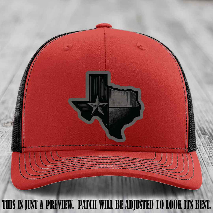 Lone Star Swagger Grey to Black Patch on Red to Black Hat - Custom Richardson 112 Leather Patch Hat