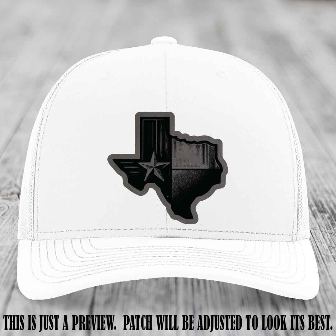 Lone Star Swagger Grey to Black Patch on White Hat - Custom Richardson 112 Leather Patch Hat