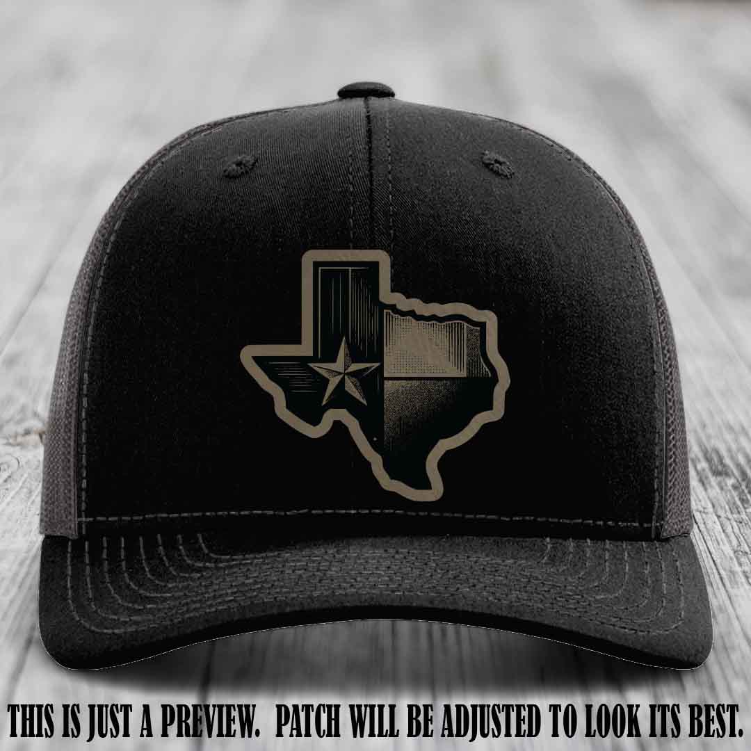 Lone Star Swagger Light Brown to Black Patch on Black to Charcoal Hat - Custom Richardson 112 Leather Patch Hat