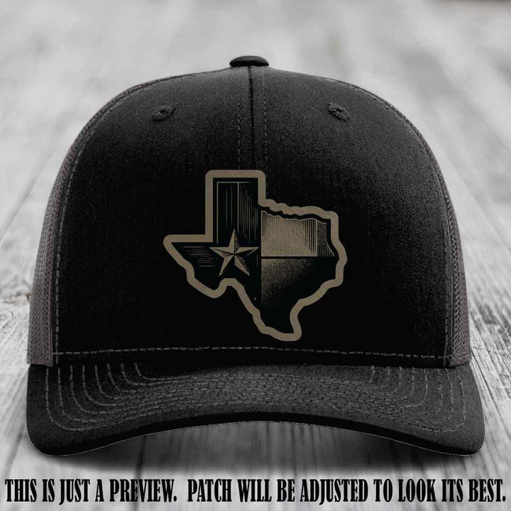 Lone Star Swagger Light Brown to Black Patch on Black to Charcoal Hat - Custom Richardson 112 Leather Patch Hat