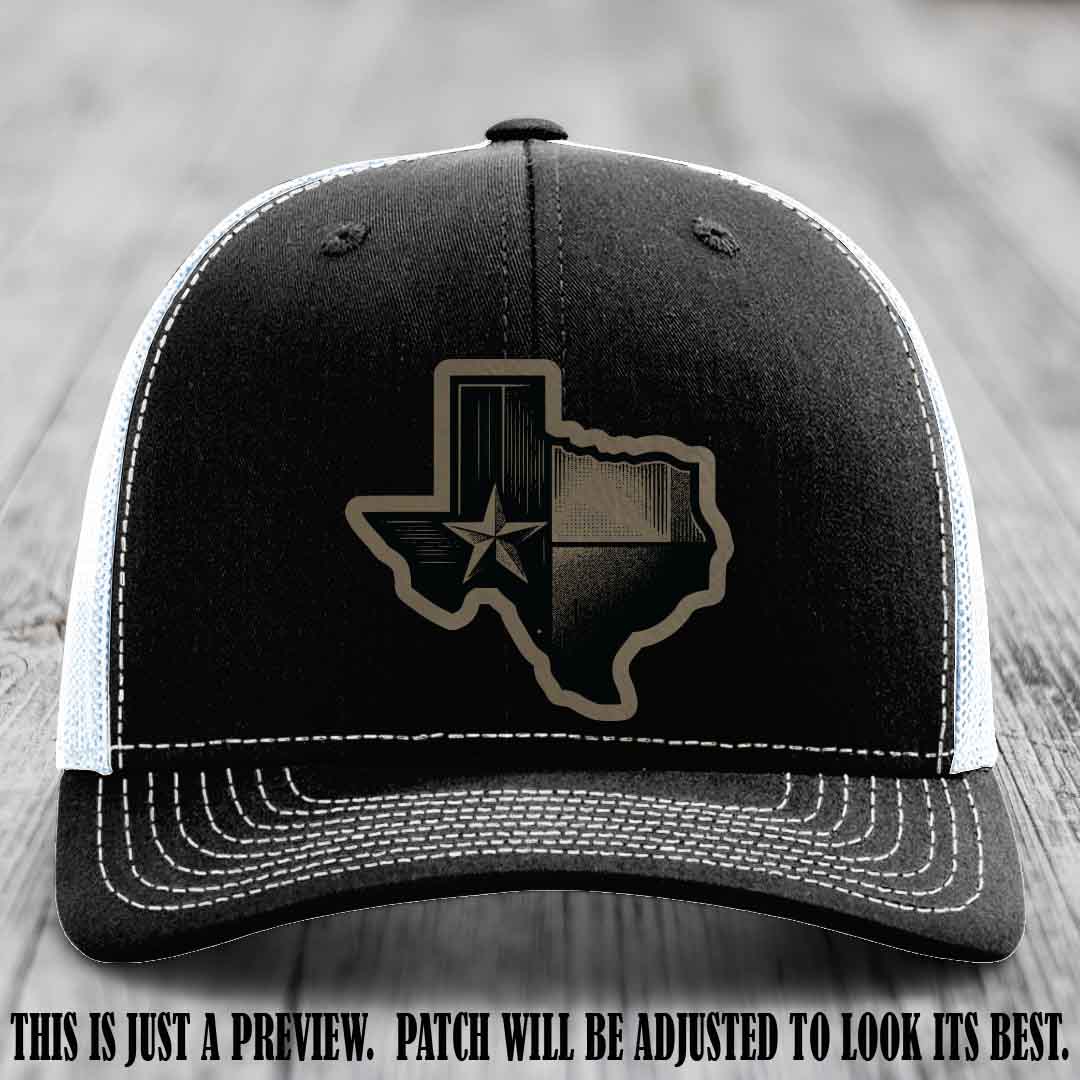 Lone Star Swagger Light Brown to Black Patch on Black to White Hat - Custom Richardson 112 Leather Patch Hat