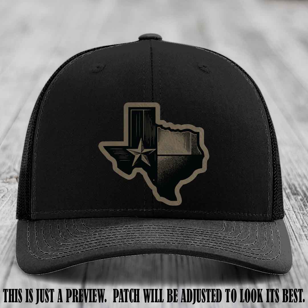 Lone Star Swagger Light Brown to Black Patch on Black Hat - Custom Richardson 112 Leather Patch Hat
