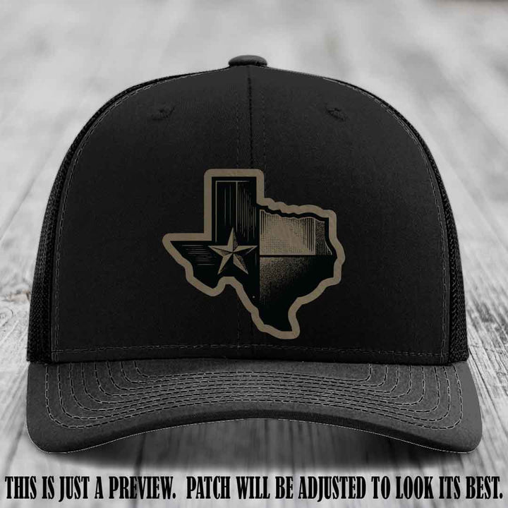 Lone Star Swagger Light Brown to Black Patch on Black Hat - Custom Richardson 112 Leather Patch Hat