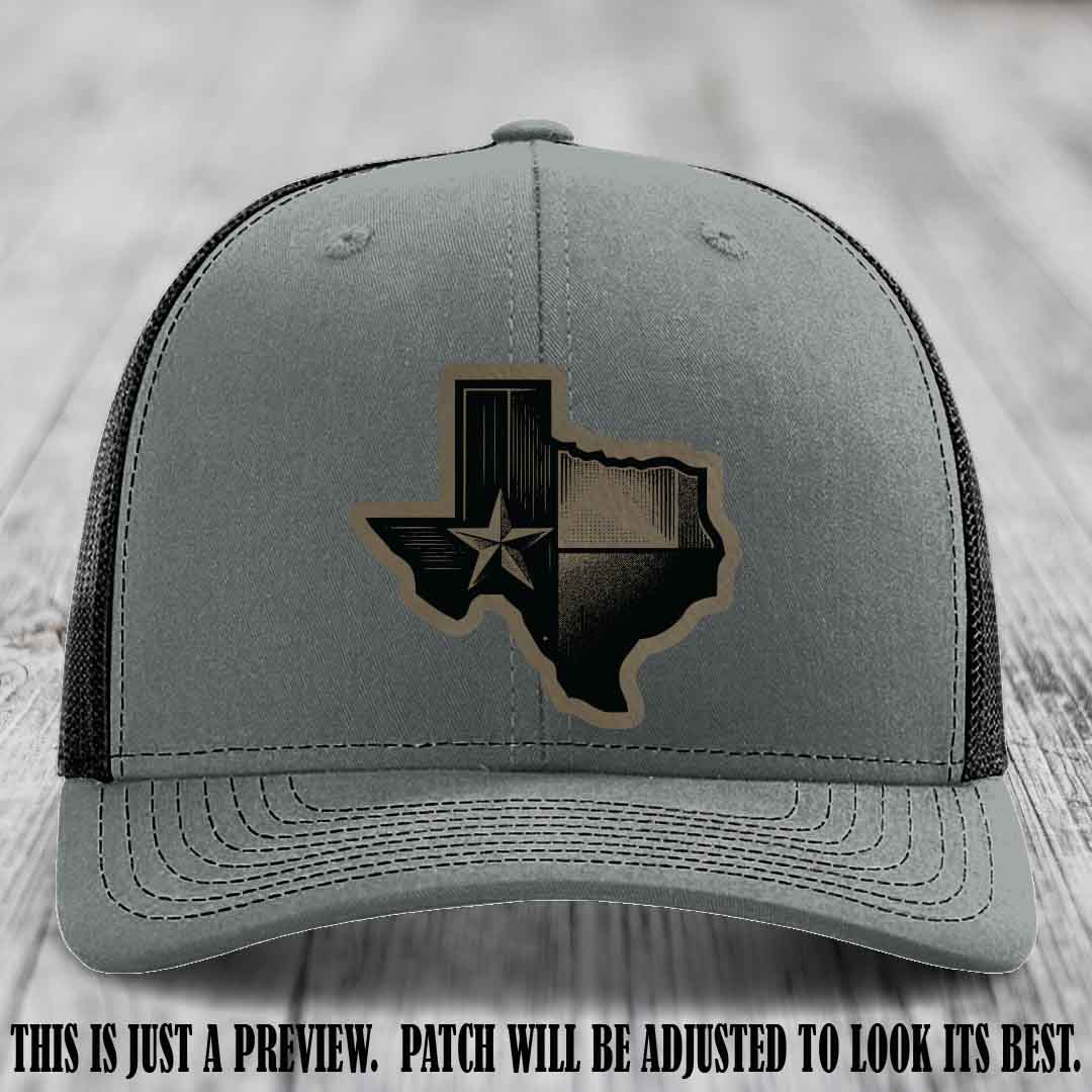 Lone Star Swagger Light Brown to Black Patch on Heather Grey to Black Hat - Custom Richardson 112 Leather Patch Hat